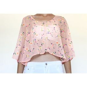 Lush Light Pink Floral Sheer Cropped Blouse